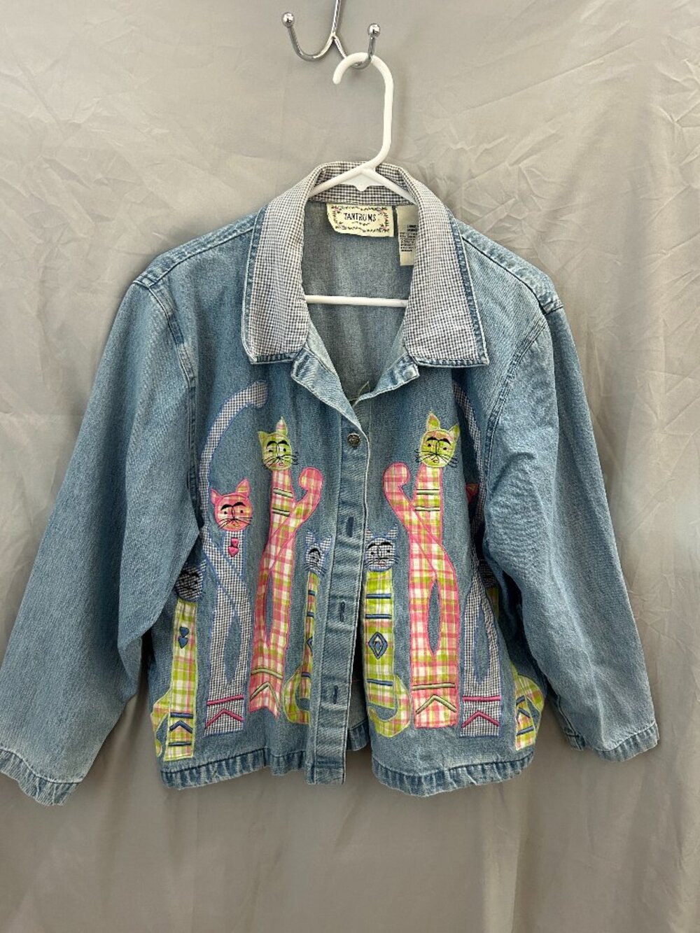 VTG Tantrums Cat Lady Jacket Embroidered Patch Denim Shirt Colorful Whimsical